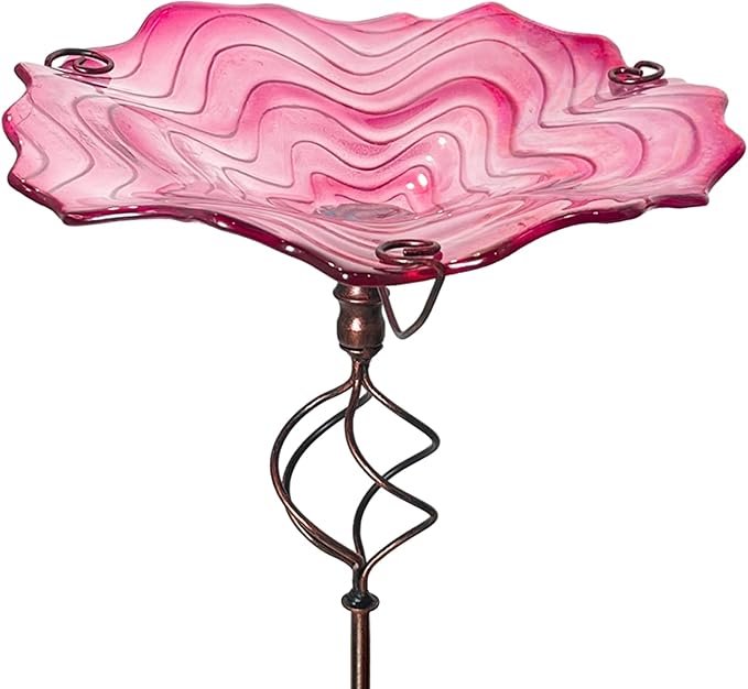 HONGLAND Bird Baths for Outside,12" Small Pink Glass Birdbaths Outdoor,Detachable Bird Feeder with Metal Stake for Garden Yard Patio Decor,32" Height