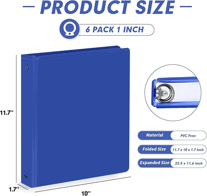 3 Ring Binder 1 Inch, PANDRI 6 Pack 1-Inch Binder Fits Letter Size 8.5'' x 11'' Paper, Versatile Binders for Office Home School, 2 Pockets, Assorted 6 Color