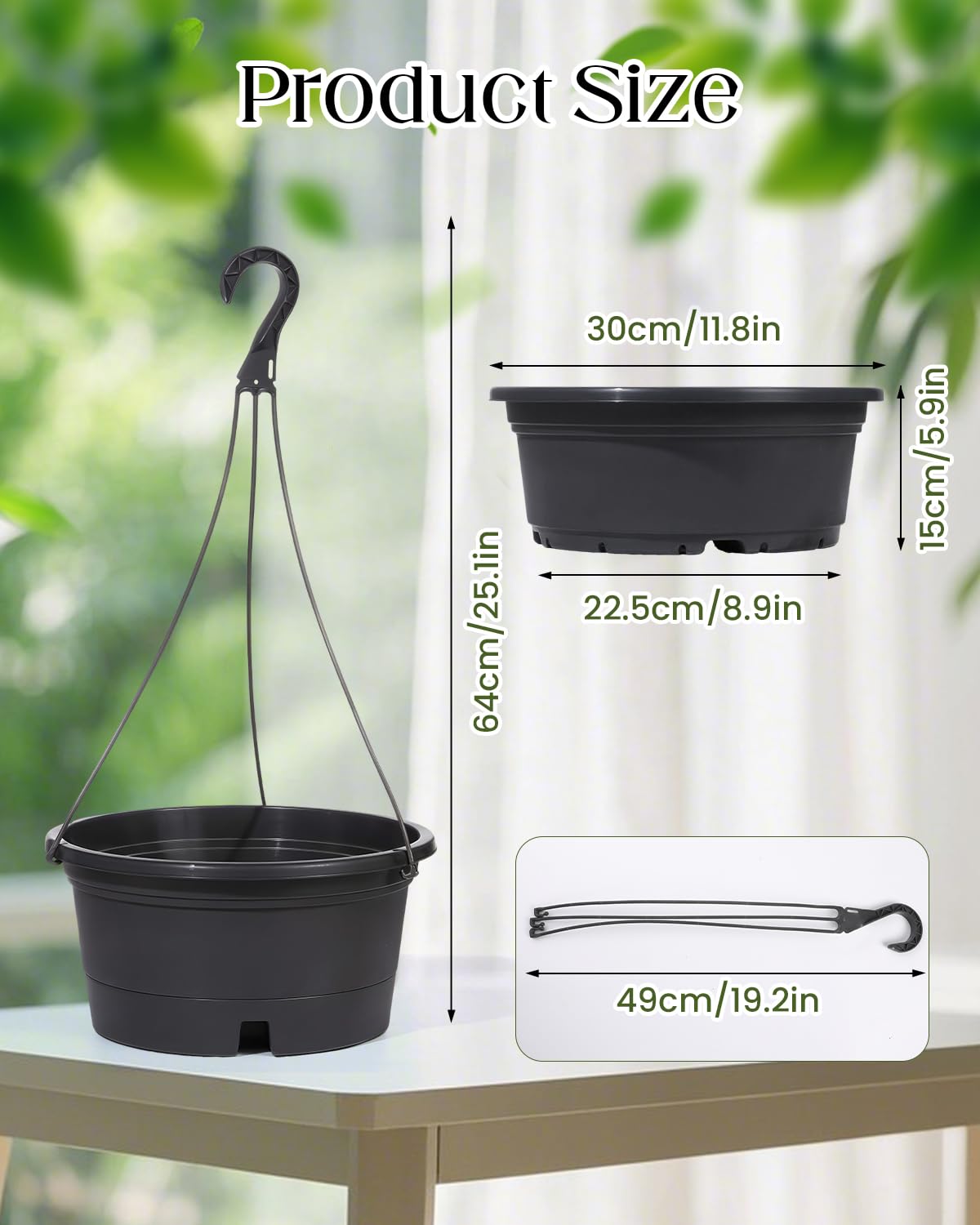 VIDELLY 12 Inch Large Hanging Planters for Indoor Plants,2 Pack Plastic Hanging Basket Pots with Drainage Trays & Chain Holders for Outdoor Indoor Plants Garden Balcony Decoration (Dark Gray)