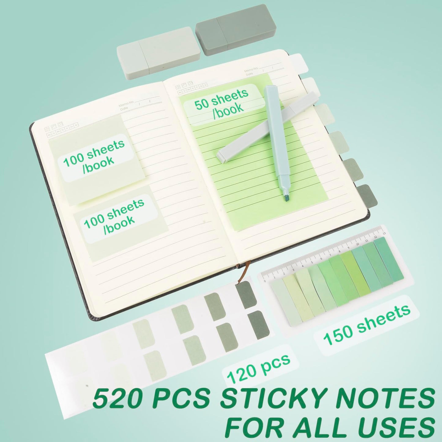 ChezAbbey 47Pcs Aesthetic School Supplies with Pencil Pouch - Cute College Essentials Set, Big Capacity Pen Case, Pastel Highlighters, Bible Study Journaling Stationary Kit (Green)
