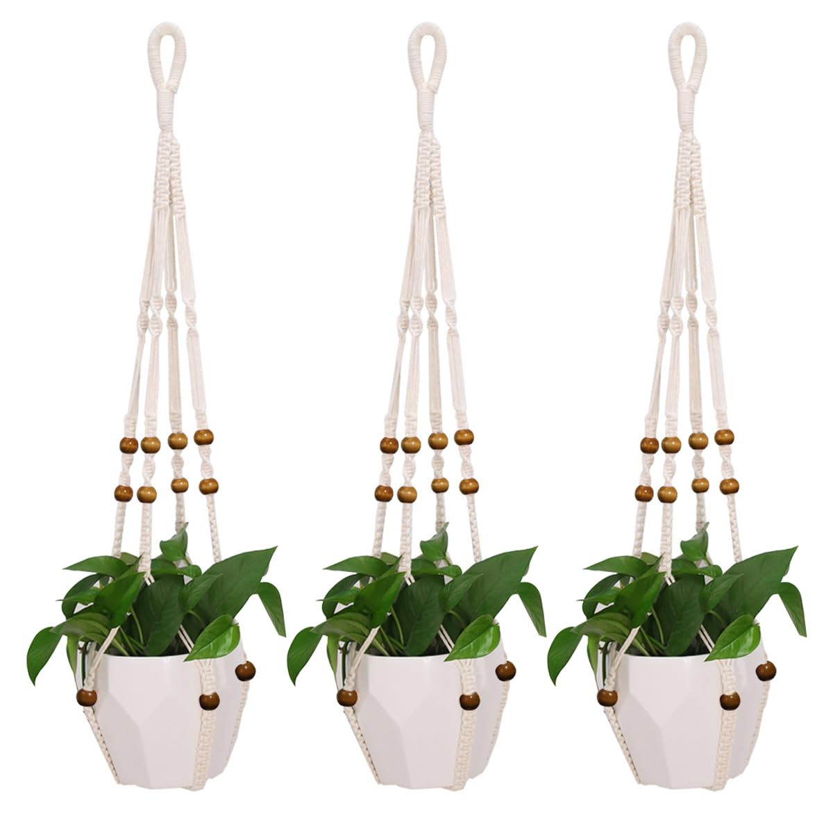 MENG ZHI AO 3 Pcs 35 Inch Macrame Plant Hanger Flower Pot Hanging Plant Holder No Tassels Decorative Hanging Planter Basket with Wood Beads for Indoor Outdoor Home Decor (Ivory)