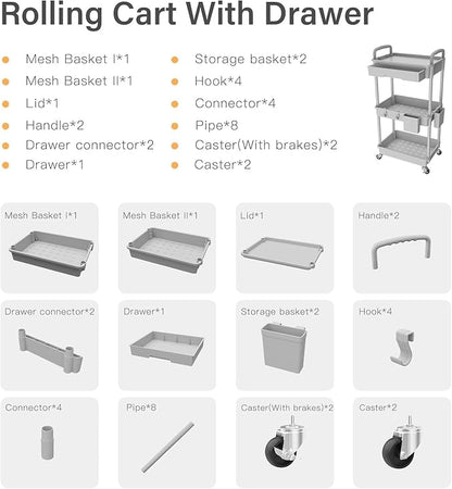 Sorgion 3 Tier Rolling Cart Organizer,Laundry Room Bathroom Organizers and Storage Office Shelves Mobile Shelving Unit Kitchen Trolley Cart with Wheels for Art,Craft,Diaper,Bedside,Snack(Grey)