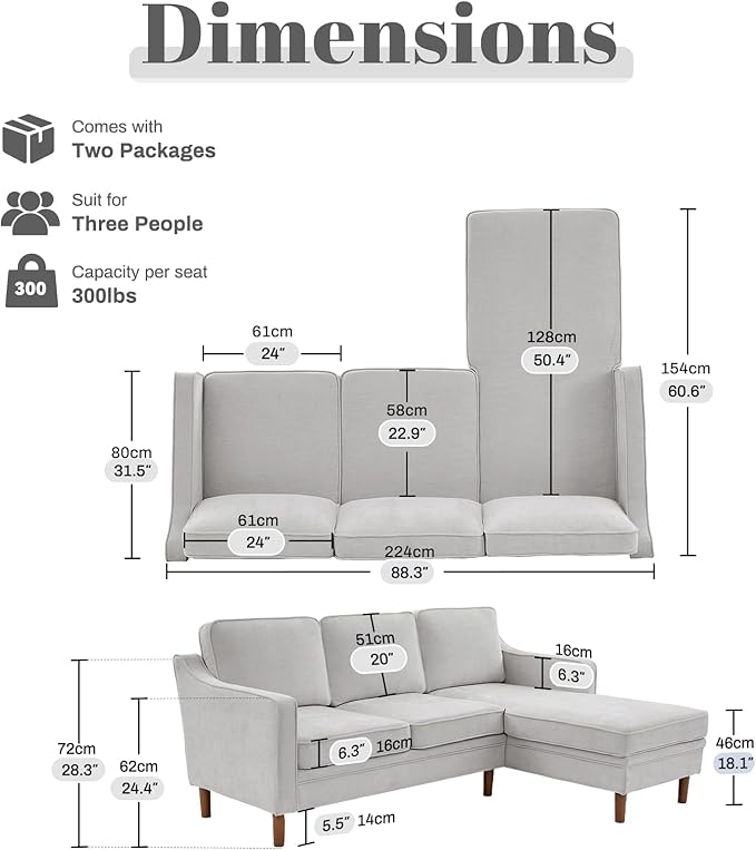 Kingfun 88" L-Shape Sofa, Chenille Sectional Couch, Mid Century Modern Couches