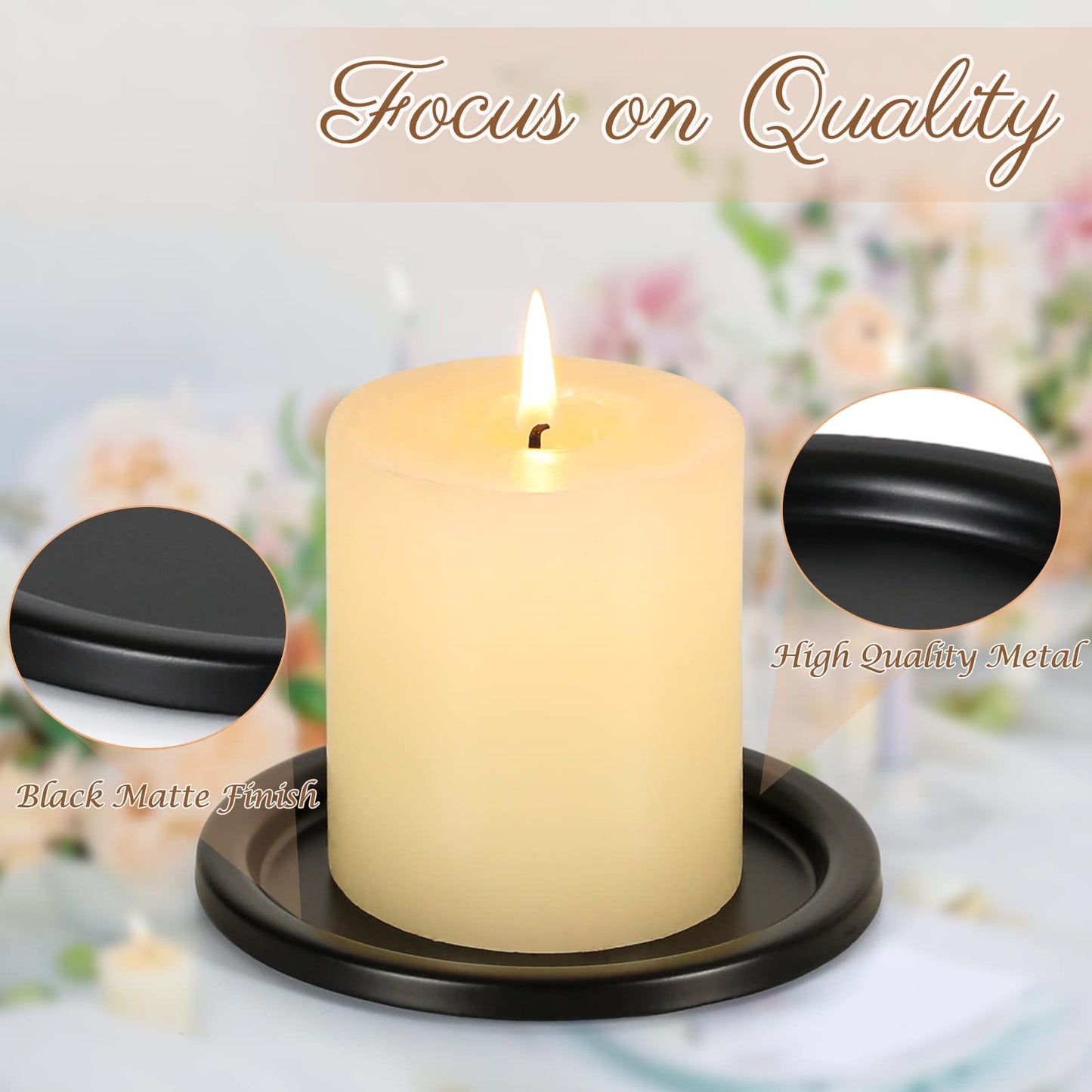 Black Iron Plate Candle Holder- Set of 8 |3.8" D x 0.2" H| Decorative Iron Pillar Candle Plate, Elegant Candle Stand for LED & Wax Candles, Incense Cones, Spa, Weddings (8 pcs)