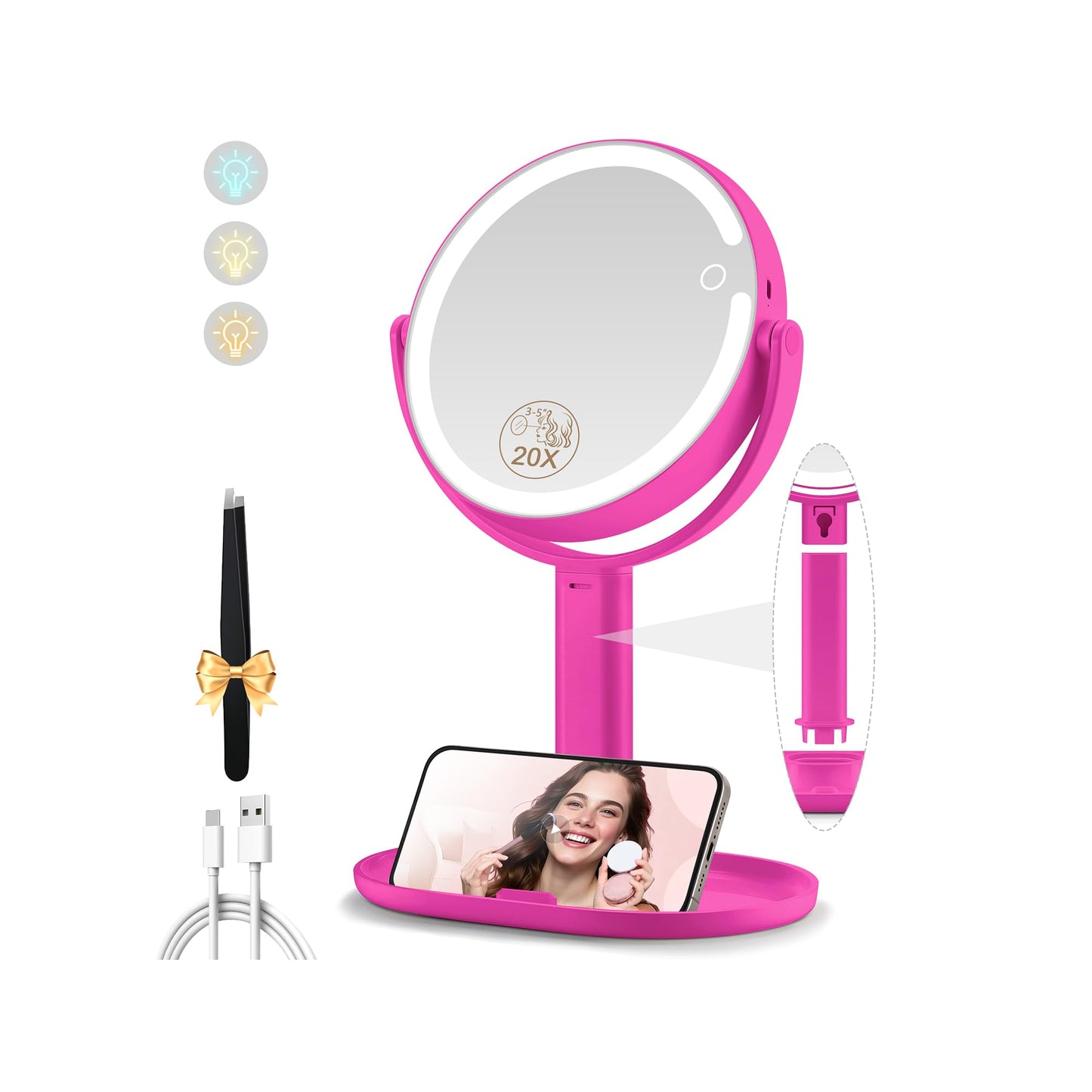 Makeup Mirror with Lights, Double Sided 1x/20x Magnifying Mirror with Light, Rechargeable 3 Color Lights and Adjustable Brightness, 360° Rotation Detachable Comes with Tweezer(Black)