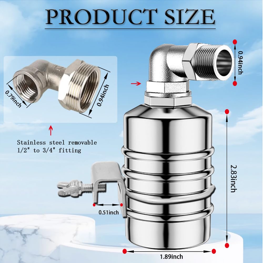 2PCS Float Valve,1/2" to 3/4'' water level control float valve, 304 Stainless Steel Fully Automatic water shut off valve, Automatic Water Level Controller for Water Tank, Pool, Livestock Troughs.