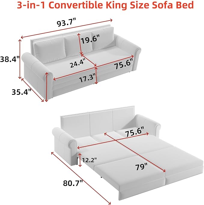 3 in 1 Convertible Sleeper Sofa Bed, 93.7" King Size Sofa Sleeper