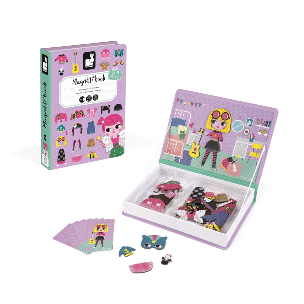 Janod - MagnetiBook 55 pc Magnetic Girl's Costumes Game - Creative Play - Enhances Creativity and Cognitive Skills - Portable Design, STEM Learning, Boosts Confidence