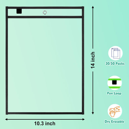50 Packs Dry Erase Pocket Sleeves, Reusable Clear Plastic Classroom Sleeves, 10x14 Inch Ticket Holders, Plastic Sleeves for School/Office Organization Black
