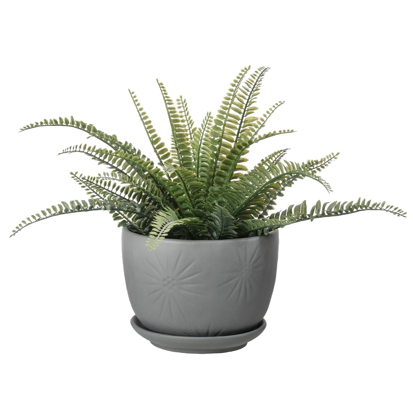 MyGift 7 Inch Grey Ceramic Plant Pot with Drainage Hole and Attached Saucer, Modern Decorative Embossed Sunburst Planter Container for Indoor Home Garden