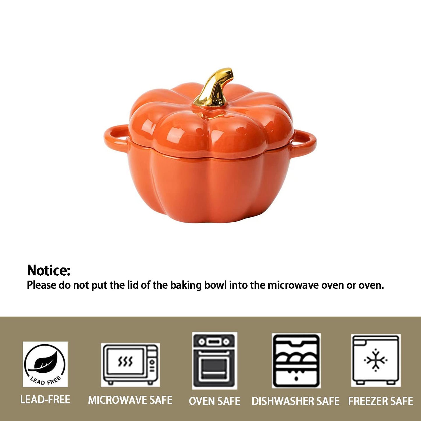 FYUEROPA Pumpkin Bowl Set with Lid and Handle, 14 Oz Ceramic Ramekins for Baking, Casserole Dish Individual Severing Pot, Stoneware, Oven Safe (Orange)