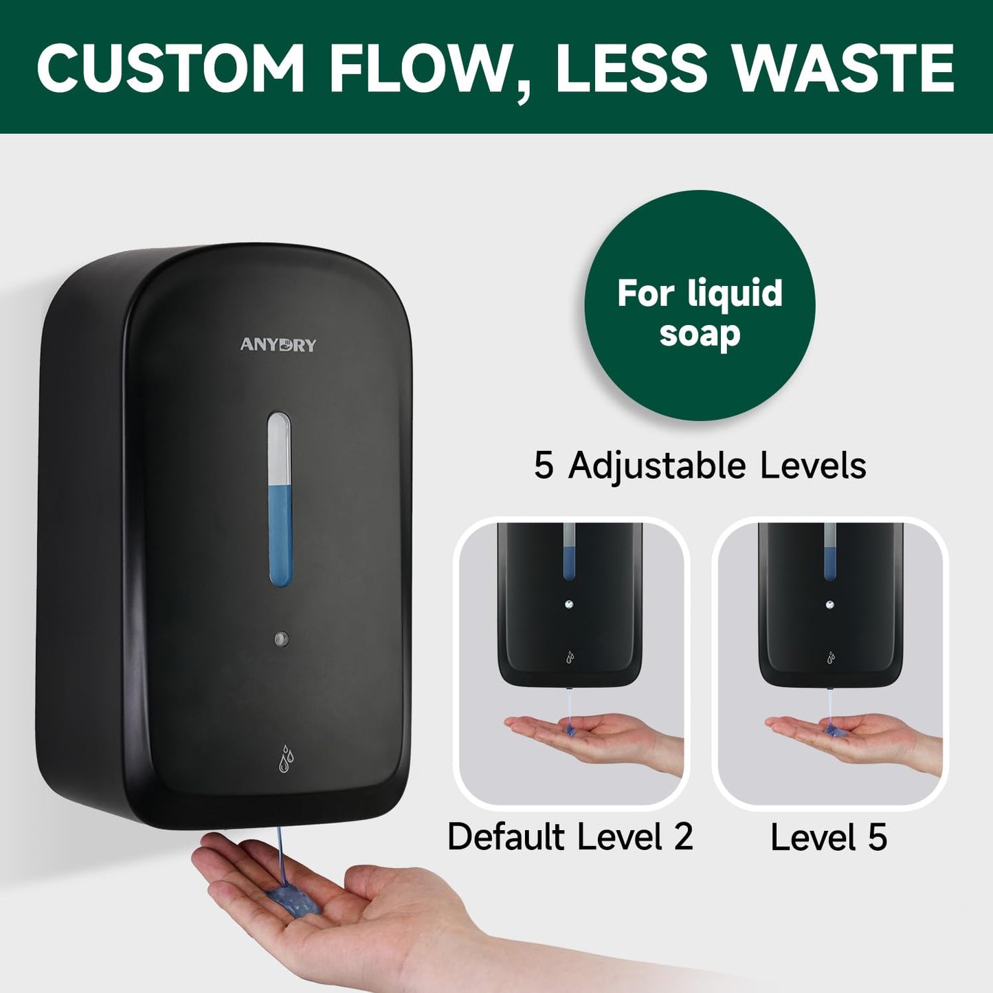 anydry Commercial Automatic Soap Dispenser Large 34oz/1000ml Capacity Wall-Mounted Touchless Liquid Dispenser for High-Traffic Restrooms, Offices, Hospitals Model AD1220S Black