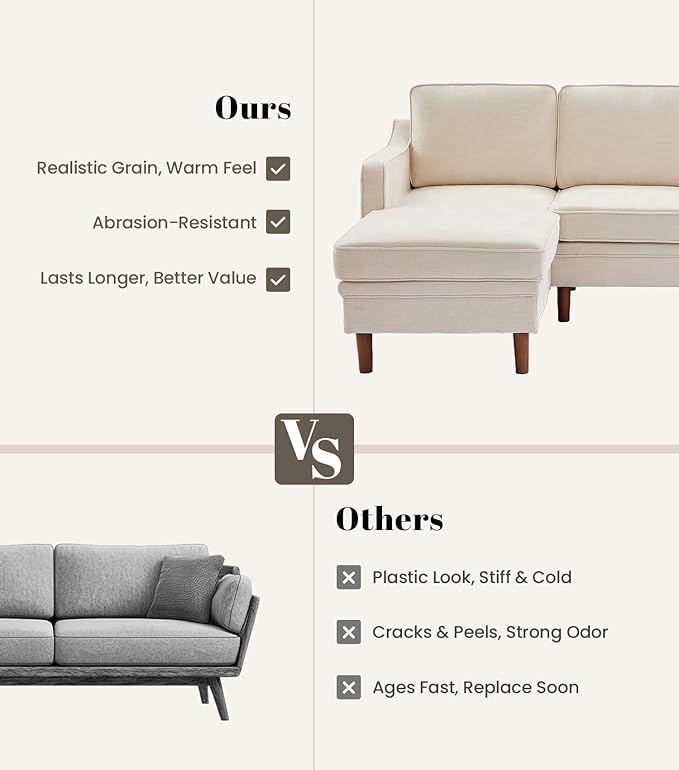 Kingfun 88" L-Shape Sofa, Chenille Sectional Couch, Mid Century Modern Couches