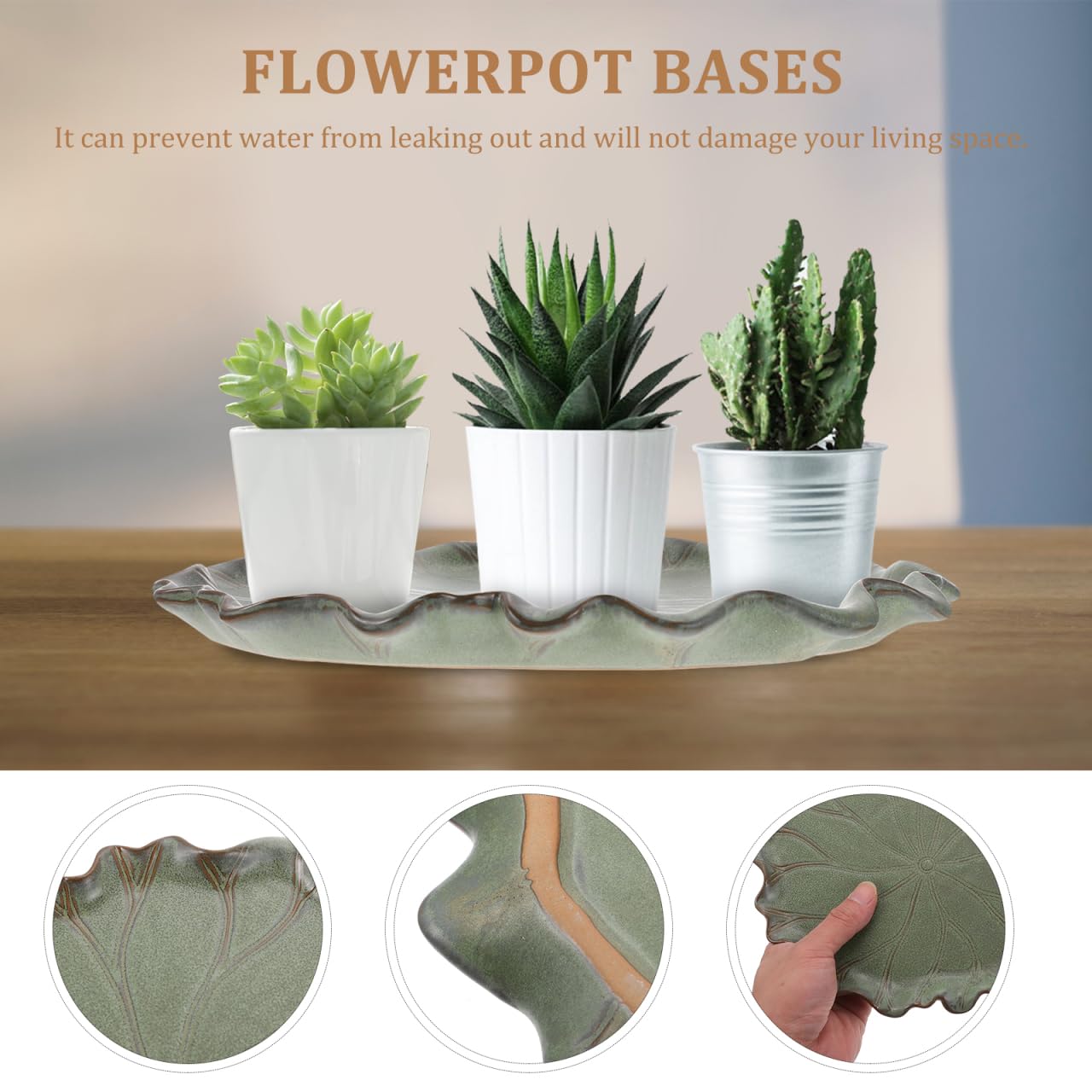 Yardwe Lotus Leaf Ceramic Plant Saucer Tray 9.44 Inch Bonsai Pot Base for Indoor Outdoor Succulent Planters Balcony Garden Protection