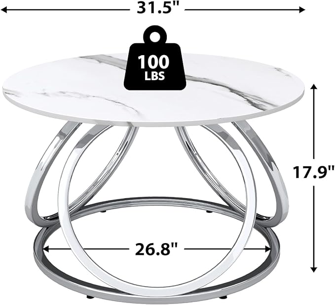O&K FURNITURE Silver Coffee Table, Round Coffee Table Faux Marble Veins