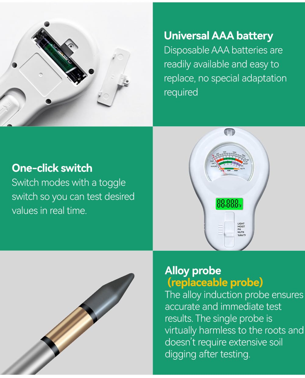 6-in-1 Soil Moisture Meter, PH Tester, Soil Moisture, Fertility, Sunshine Intensity, Temperature, Humidity, with Removable Probe for Gardens, Lawns, Farms (Including 1*AAA Batteries) (3)
