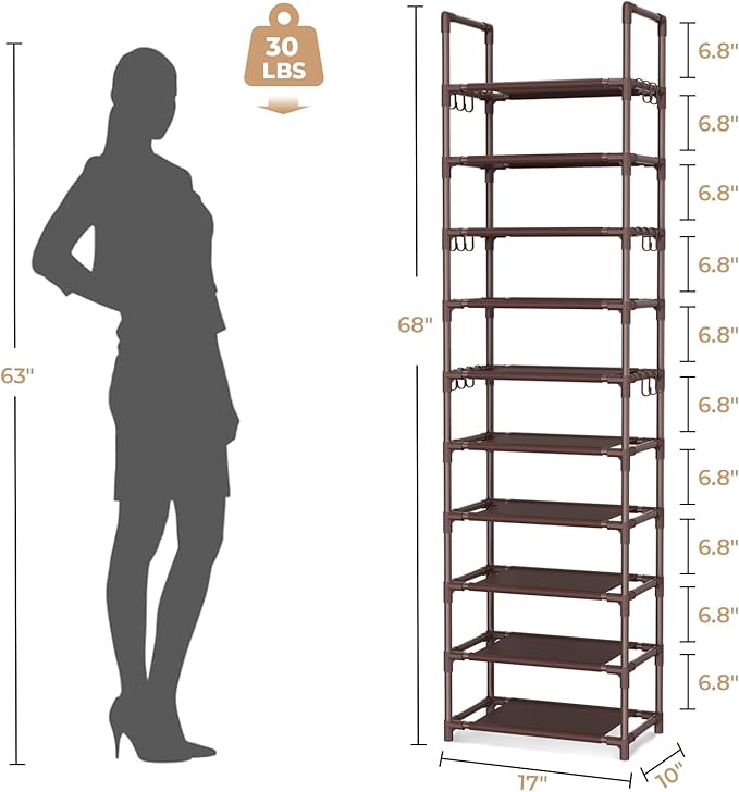 VTRIN 10 Tiers Tall Shoe Rack Holds 20-25 Pairs of Shoes Sturdy Vertical Shoe