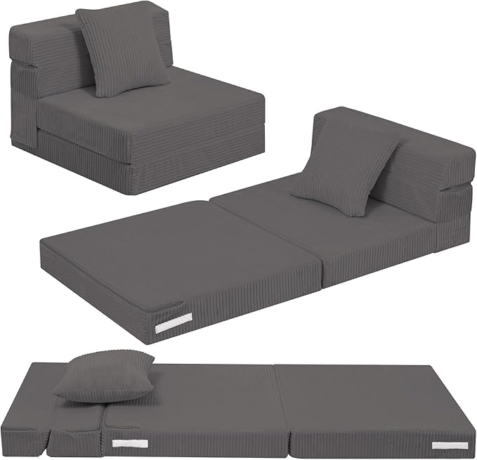 MeMoreCool Kids Folding Sofa Chair – Corduroy Floor Futon, Tri-Fold Mattress