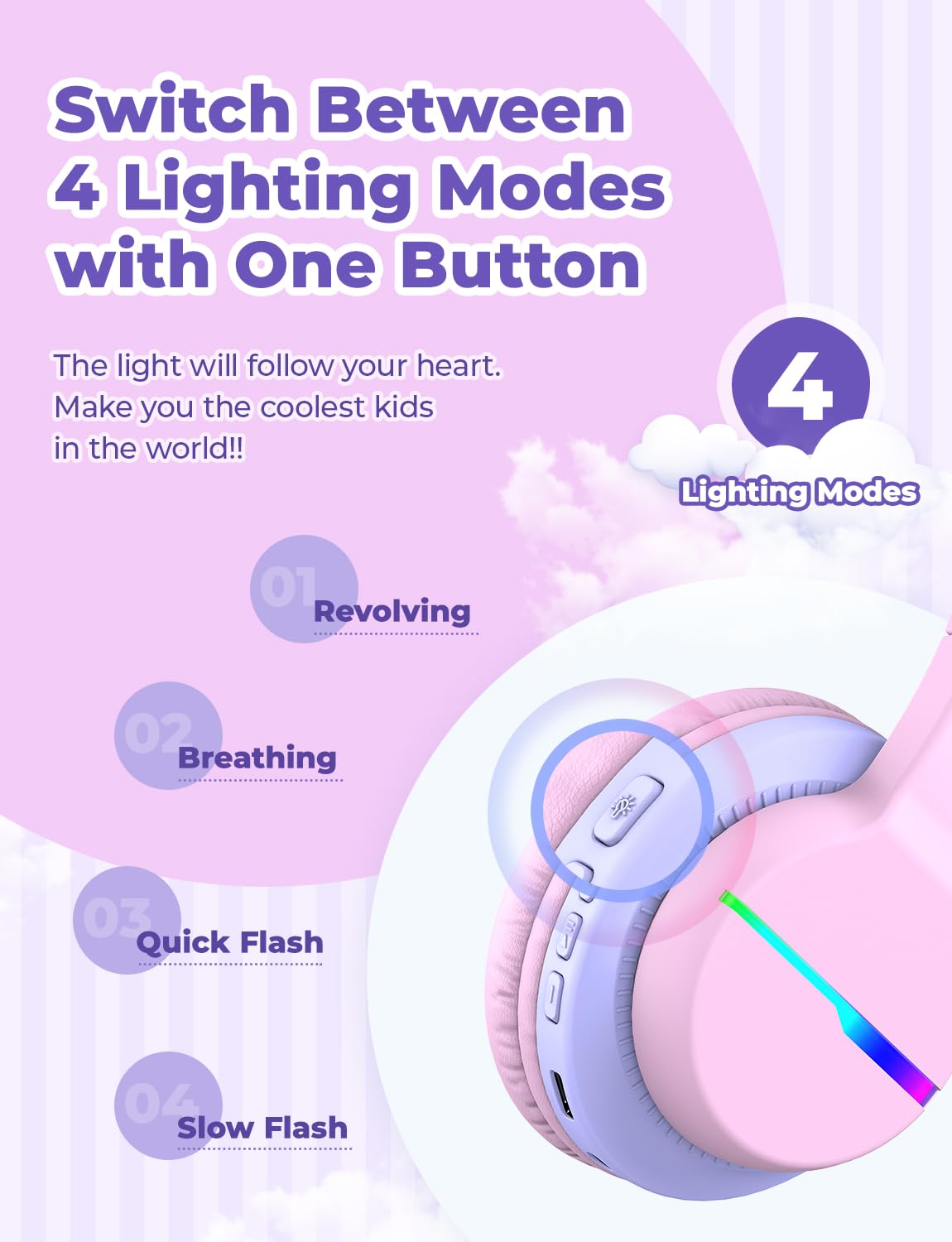 iClever BTH12 Kids Bluetooth Headphones 2 Pack,Colorful LED Lights,74/85dBA Safe Volume,85H Playtime,Bluetooth 5.2,Over Ear Kids Headphones Built-in Mic for iPad/Tablet/Airplane, Pink & Black