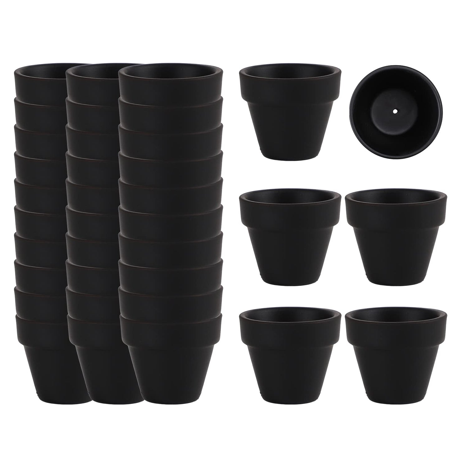 36 Mini Black Flower Pots, 2 inch Clay, Cactus & Succulent Nursery Pots with Drainage, Indoor/Outdoor