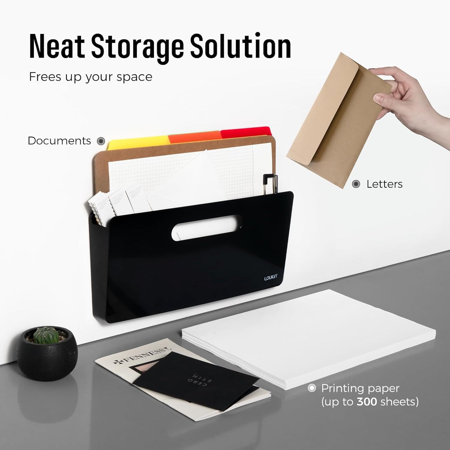 loukin Magnetic File Holder - Vertical Wall Mount Organizer for Whiteboard, Refrigerator, Office Wall, Documents, Letters (Black)