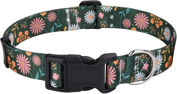 Mihqy Dog Collar with Bohemia Floral Tribal Geometric Patterns - Soft Ethnic Style Collar Adjustable for Small Medium Large Dogs(Dark Green Flower,M)