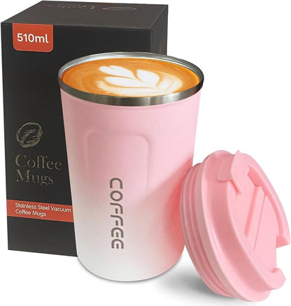 YINBAOGE Insulated Travel Coffee Mug, Spill & Leak Proof, Portable To Go Camping Stainless Steel Coffee Tumbler, Reusable Thermal Coffee Cup with Lid for Hot & Cold Drinks (2nd-Pink White, 17 OZ)
