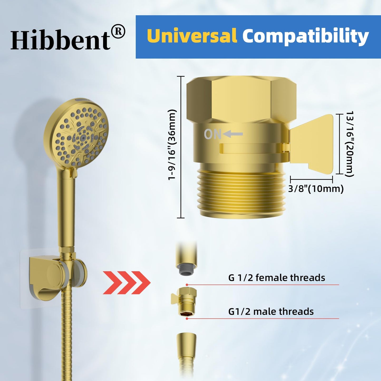 Hibbent All Metal 1 Pack Shower Head Flow Control Valve, G1/2 Brass Shut-off Valve with Metal Handle Lever, Shut OFF Water Flow Control Regulator for Handheld Shower, or Bidet Sprayer, Brushed Gold
