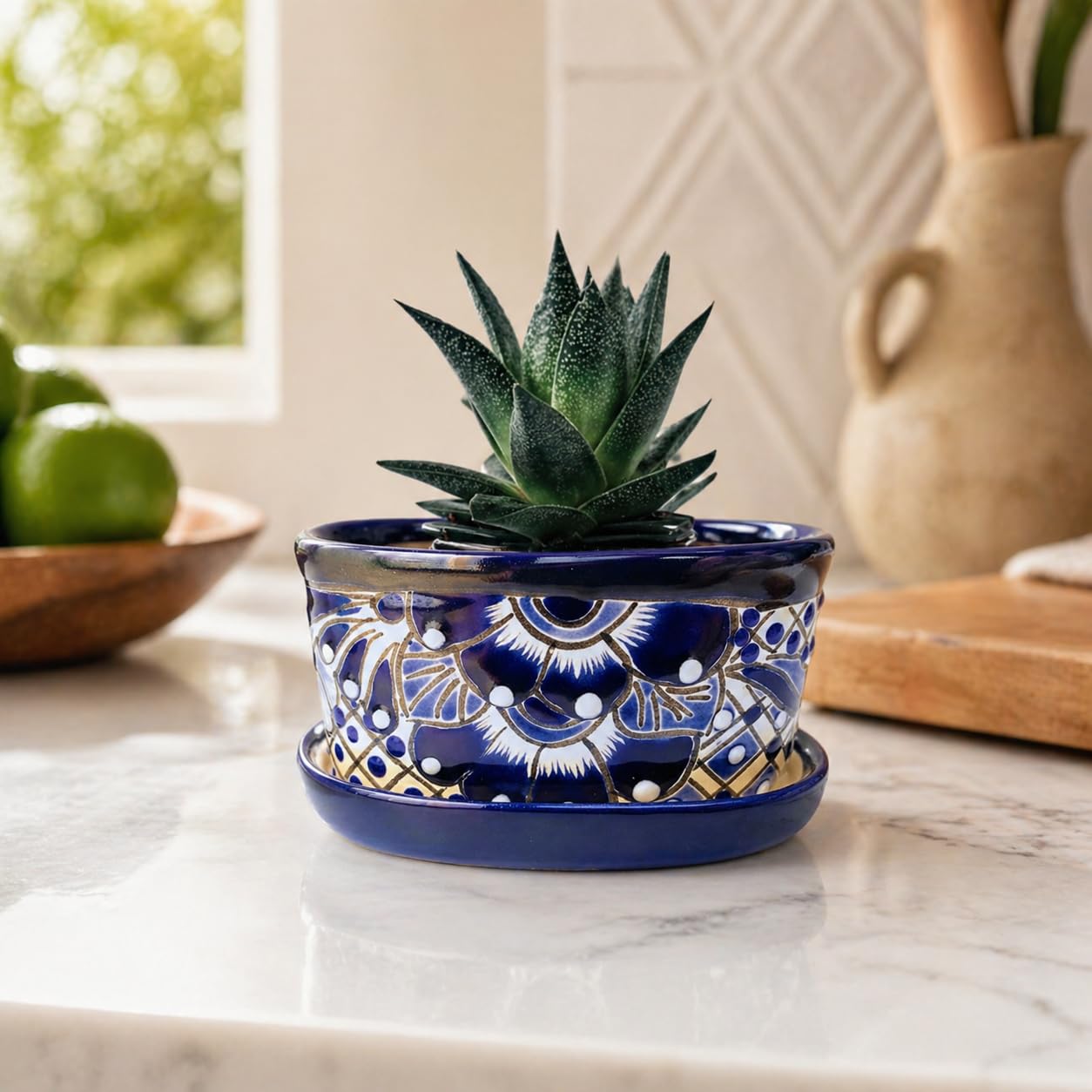 Casa Fiesta Designs Small Ceramic Pot - Flower Planter with Drainage for Cactus Bonsai Succulents Blue and White Ceramic Pot - Desk Size - Maceta Ceramica Maceta Azul Blanco