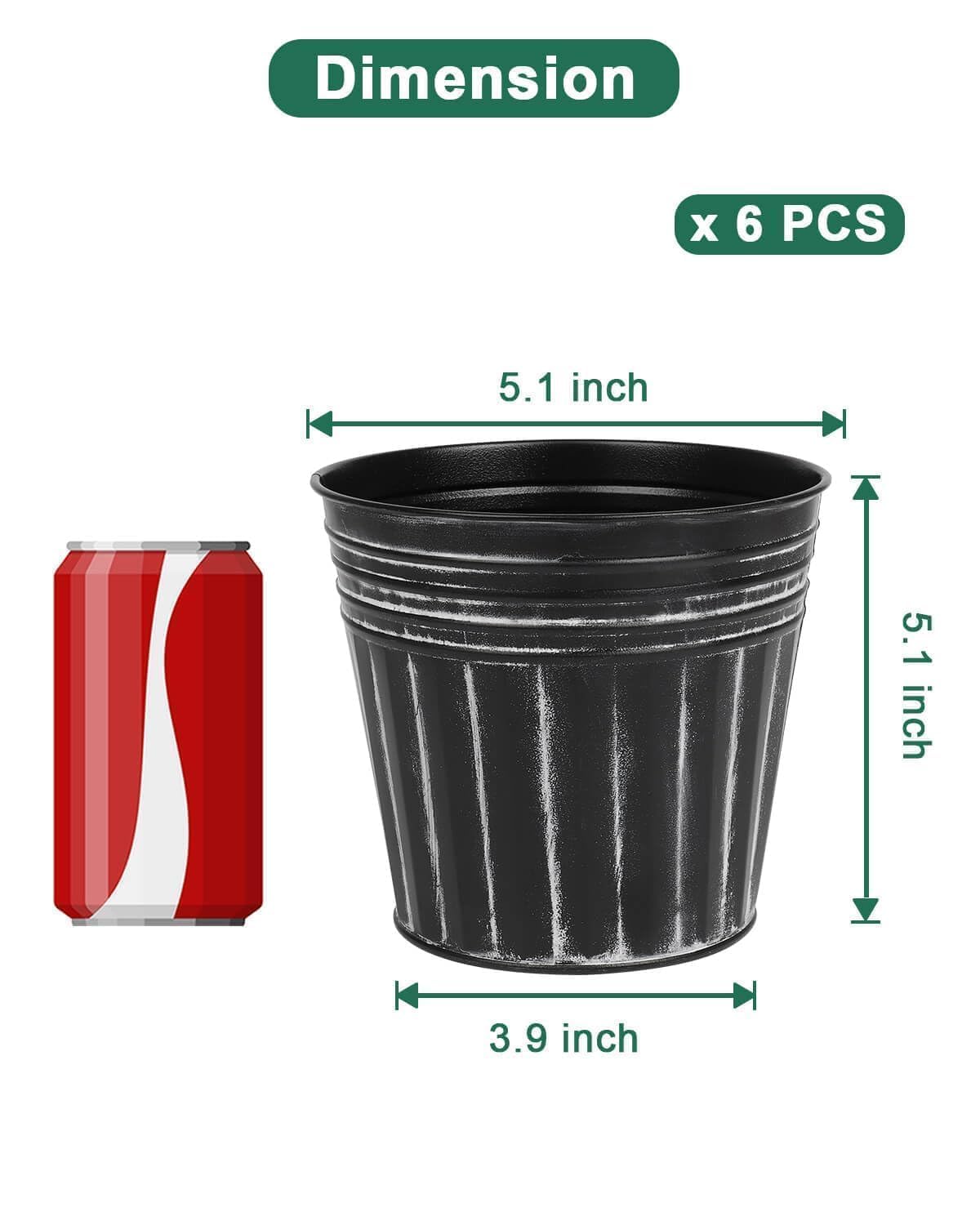 vensovo 5 Inch Galvanized Bucket Planter - 6 Pack Metal Flower Pots with Drainage Holes & Plugs, Rustic Black Tin Pots for Indoor Herbs, Outdoor Succulents, Farmhouse Home Garden Decor