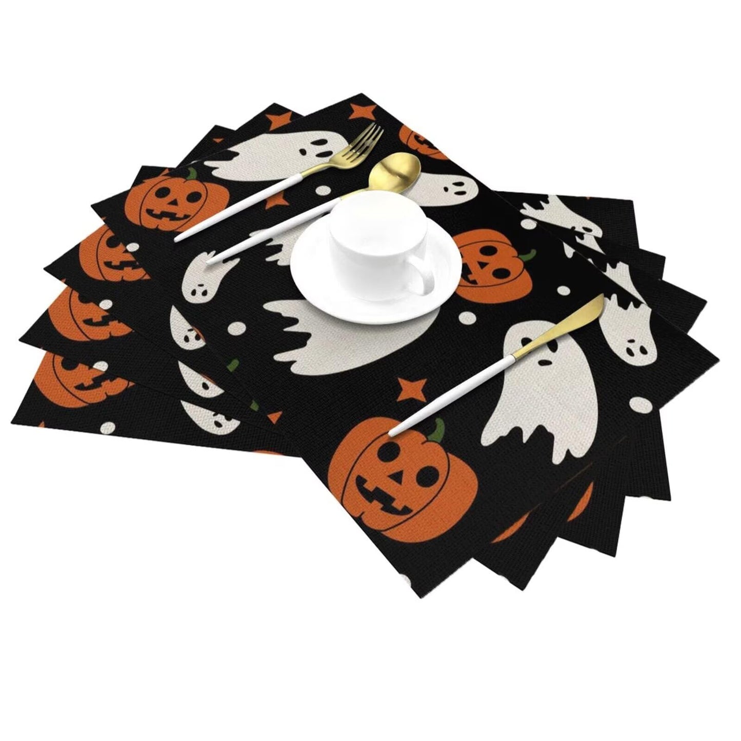 Halloween Orange Pumpkin Placemats 12x18 Inch Set of 4, Black and White Ghost Table Place Mat Autumn Cute Lantern Face Washable Table Mats Decorative Linen Fabric Table Mat for Dining Table