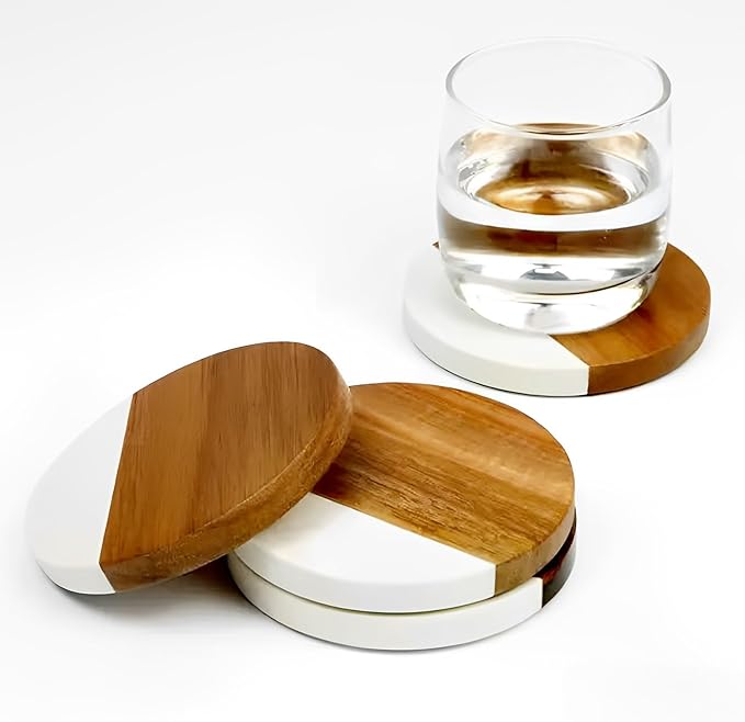 I-LAN 8-Pack Marble and Acacia Wood Coasters, 4-Inch Round Modern Drink Coaster