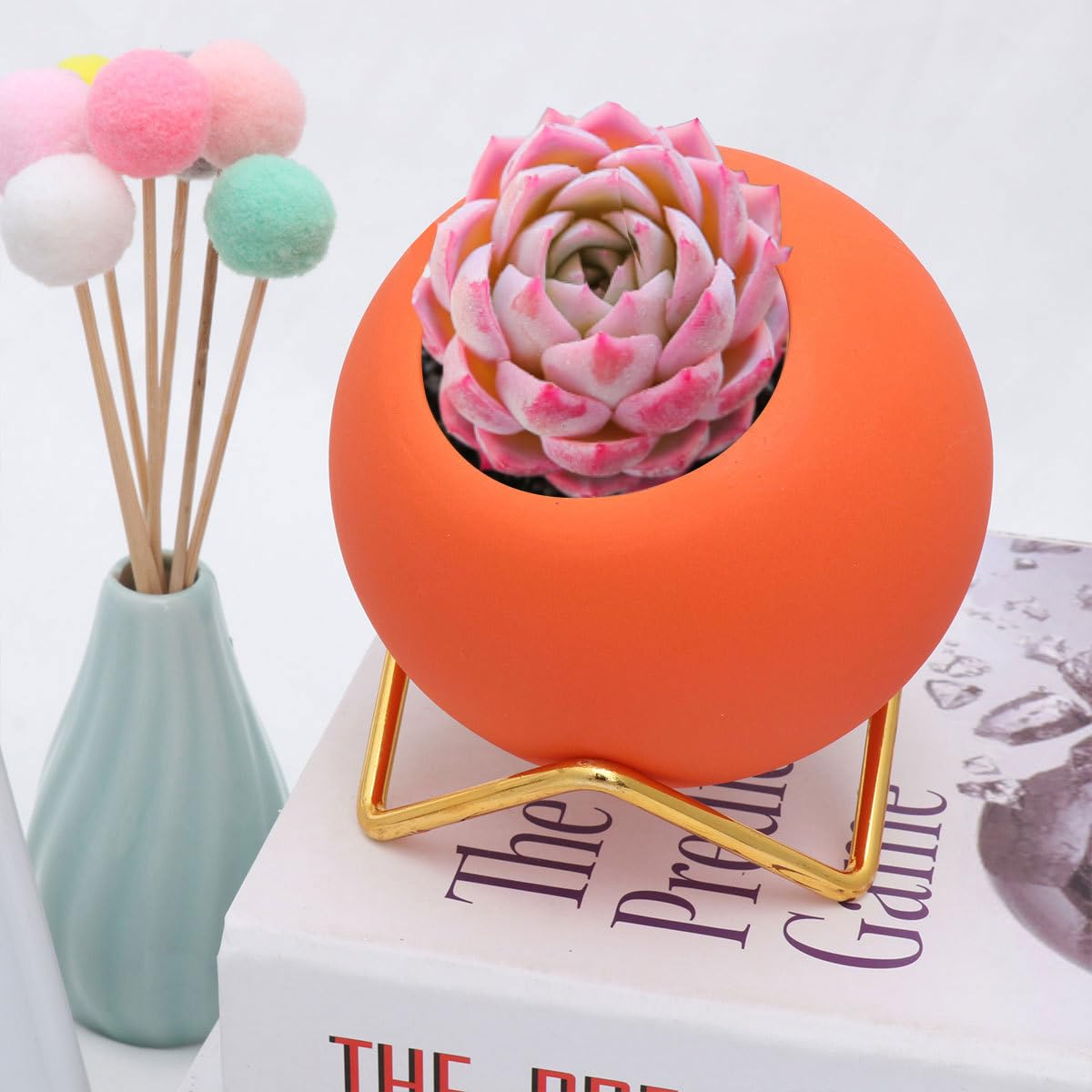 EXCEART Round Orange Ceramic Flower Pot with Electroplated Iron Rack 3.9 X 4.1 X 3.9 Inch Indoor Planter for Succulents and Home Decor