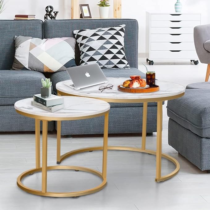 aboxoo Coffee Table Nesting White Set of 2 Side Set Golden Frame Circular Round