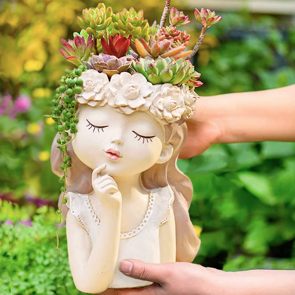 Cute Succulent Plant Pot with Drainage Hole large girl face planter pot big Resin lady head planter 11 inch tall flower vases for indoor and Outdoor plants fairy garden gift for female plants lover