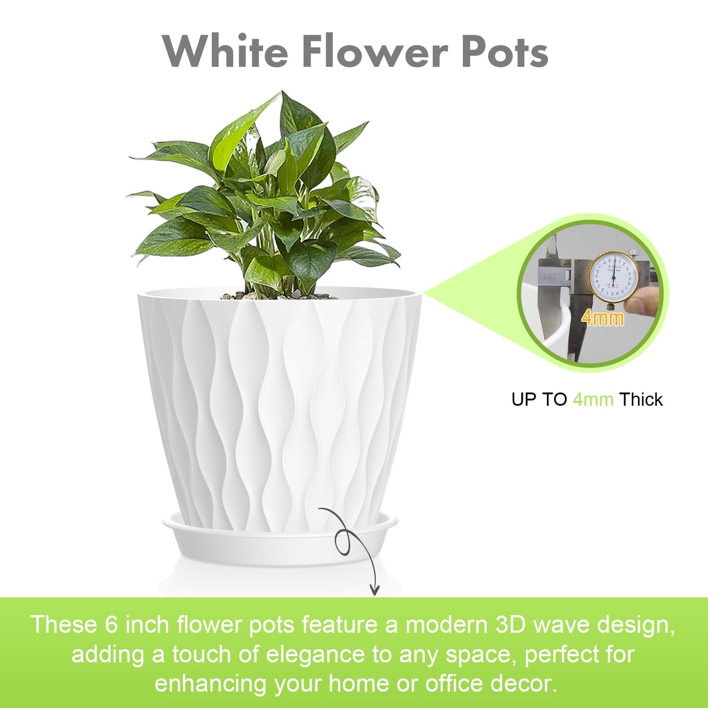 Meowell 6 inch Flower Pots, 5 Pack Plant Pots for Indoor Outdoor Plants, Water Ripples Plastic Planters with Drainage Holes and Saucers, Nursery Pots for Small Succulent Garden House Plants, White