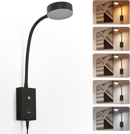 LED Wall Mounted Reading Light for Bed 2Pack, Flexible Gooseneck Book Light for Wall Bedside Lamp with USB-A/C Output,Touch Control 5 Dimmable Headboard Bed Lights