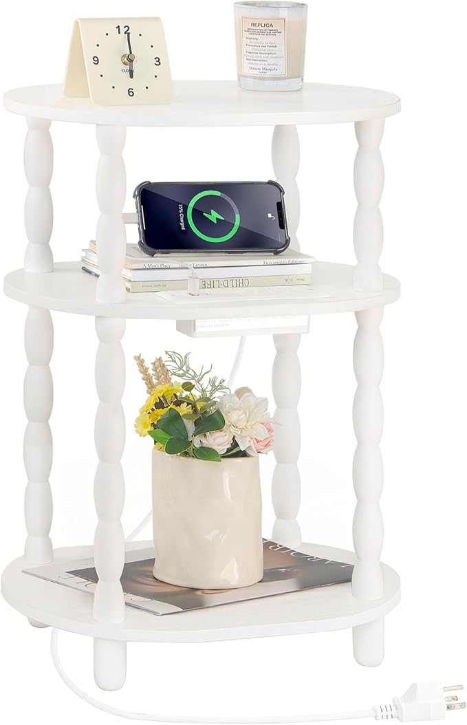 MaxSmeo White Side Table with Charging Station, 3-Tier Small Oval End Table
