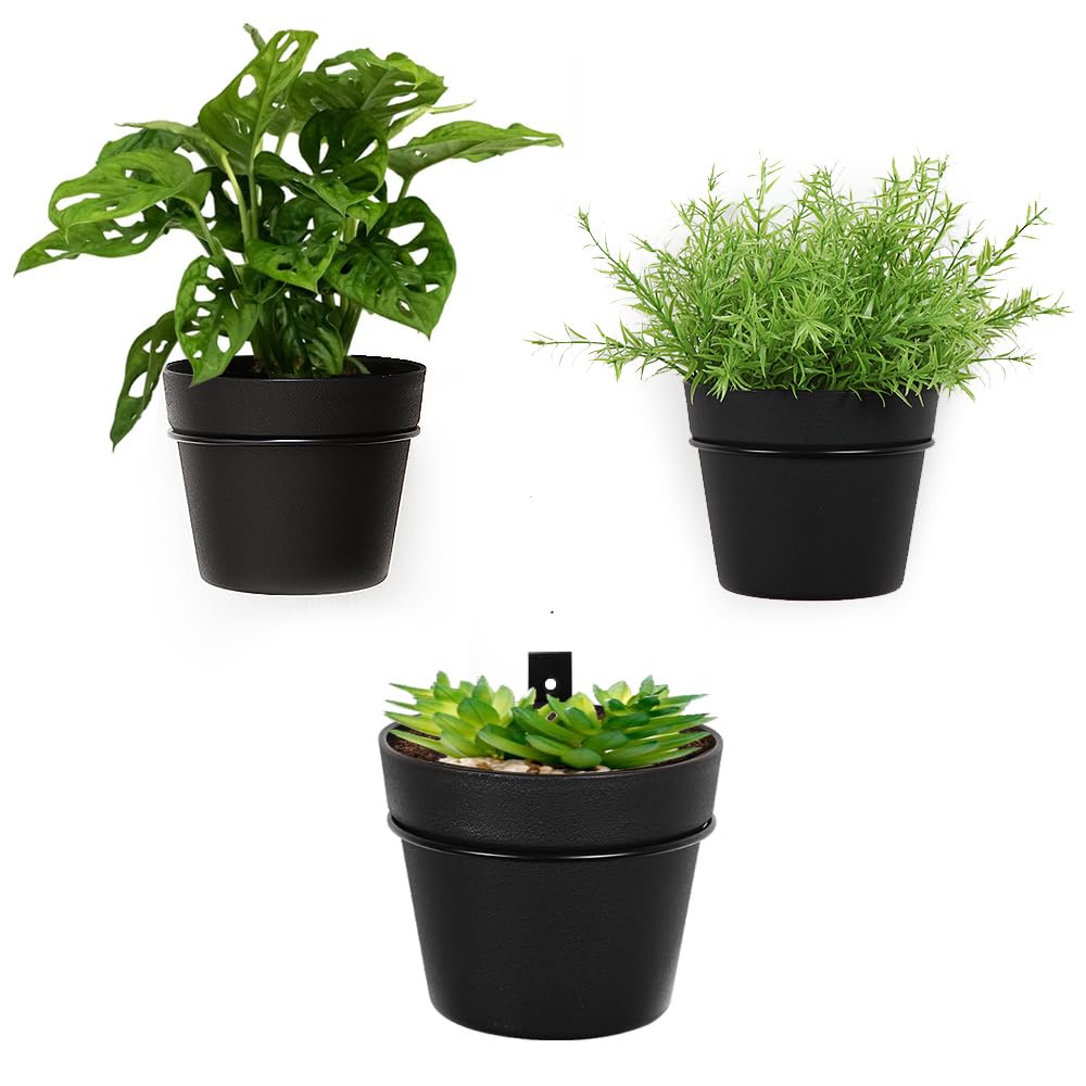 CAIJUDONG 3 Pack Wall Hanging Planters Indoor Outdoor 6.3 Inch Self-Watering Flower Pots with Leak-Proof Drainage Iron Brackets Hanging Basket Room Garden Decor(Black)