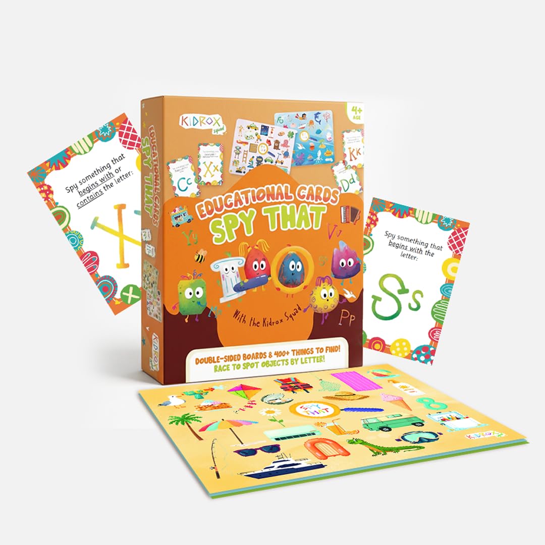 Flashcards Spy that! by Kidrox Squad – Spy that Letter Game for Kids Ages 3+, 20 Double-Sided Picture Search Boards with 400+ Objects, Alphabet Learning Game for Toddlers and Families