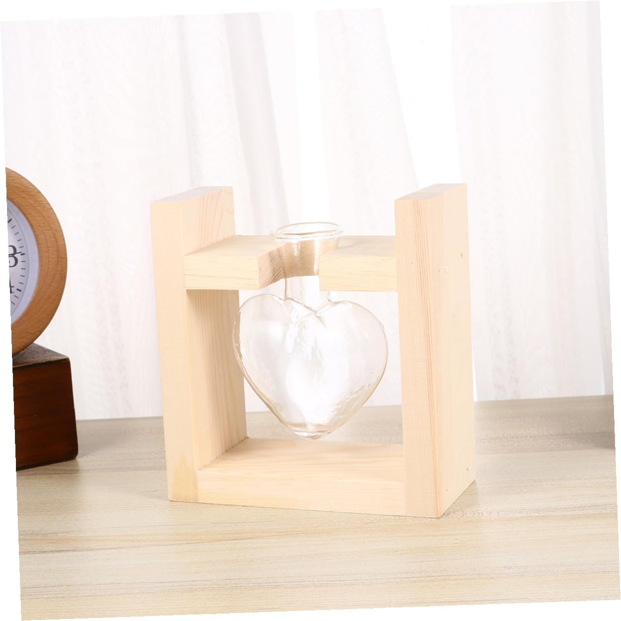 HAKIDZEL Heart-Shaped Glass Vase with Wooden Rack Hydroponic Plant Terrarium Container for Indoor Flower Arrangement Heat-Resistant Decorative Planter for Tulips Roses Indoor and Office