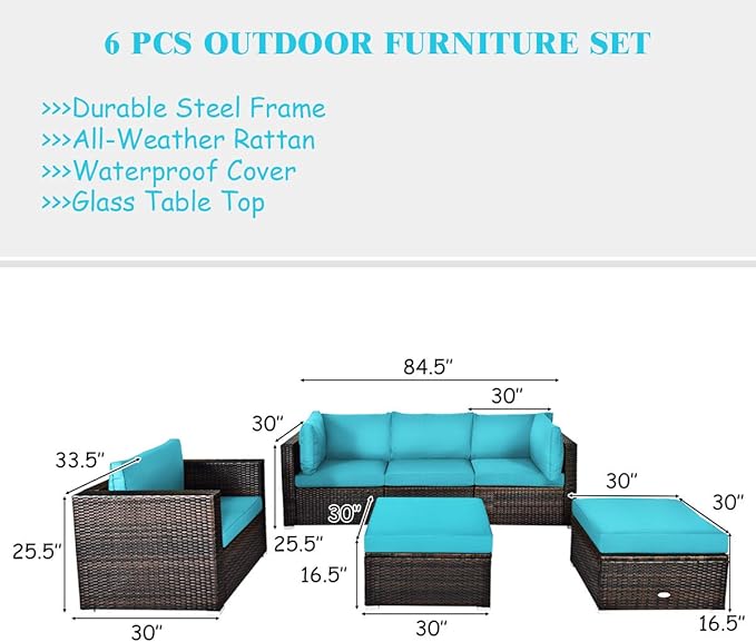 Tangkula 6 Pieces Wicker Patio Furniture Set, PE Rattan Outdoor Sectional