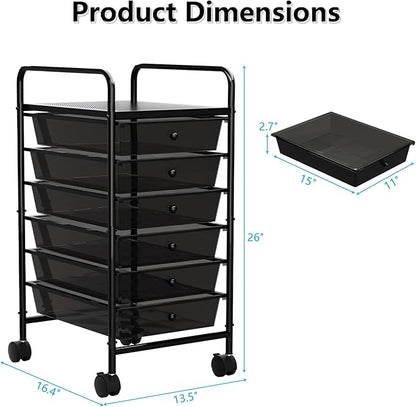 Rolling Cart with Drawers, 6-Tier Rolling Storage Cart with Drawers, Rolling Utility Cart with 6 Drawers with 2 Lockable Caster Wheels for Office Bathroom Kitchen, Transparent Black