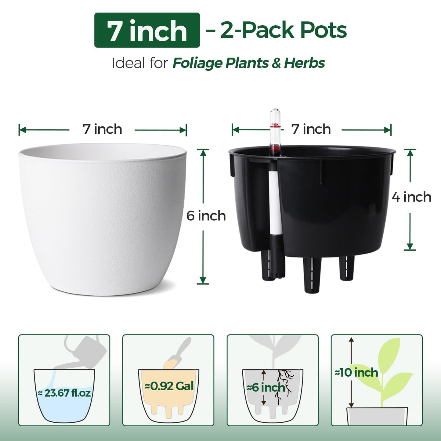 T4U Self Watering Pots for Indoor Plants, 7 Inch Self Watering Planters with Water Level Indicator, Bottom Watering African Violet Pots for Beginners & Busy Plant Owners, BPA-Free (2 Pack, White)