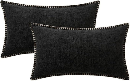 MIULEE Pack of 2 Lumbar Throw Pillow Covers 12x20 Inch Black Farmhouse Decorative Pillow Covers with Stitched Edge Soft Chenille Solid Dyed Pillow Covers for Couch Sofa Bed Living Room