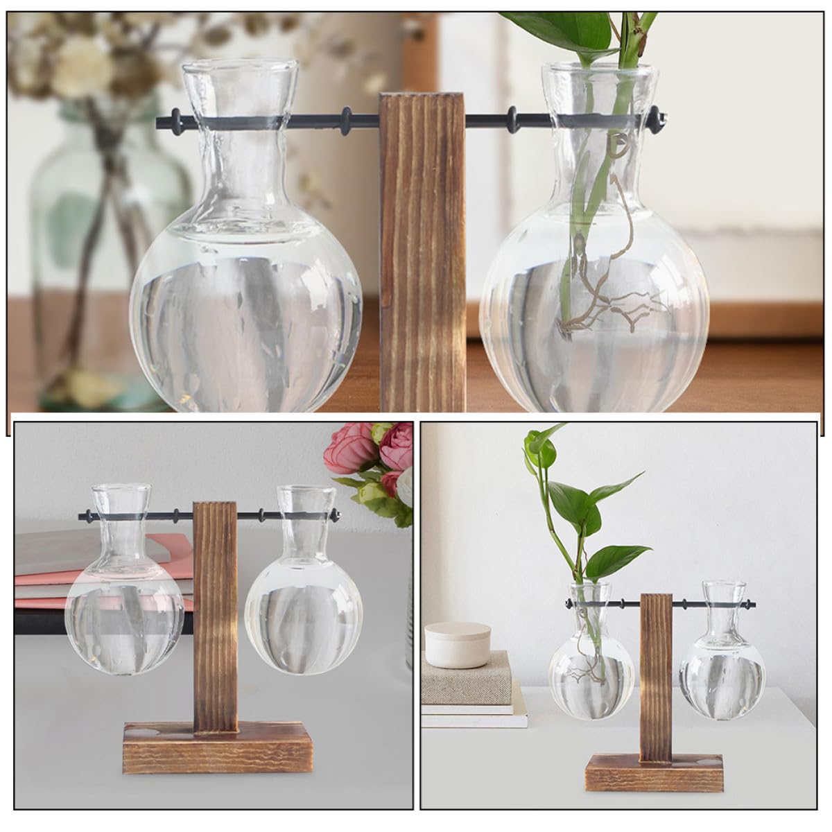 TOVINANNA 3pcs High Borosilicate Glass Propagation Planter Bulb Vases with Wooden Stand, Hydroponic Plant Terrarium Glass Vase Set for Indoor Desktop Decoration