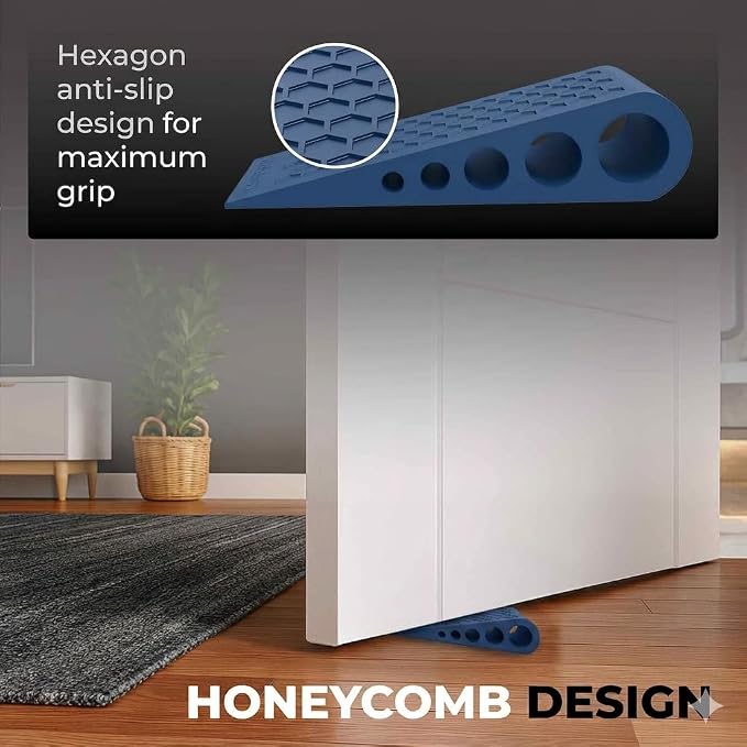 Door Stoppers for Bottom of Door Premium Floor Rubber Door Stop Wedge Made in USA Heavy Duty Honeycomb Design for Carpet, Tile, Ideal for Home, School, Commercial,Blue