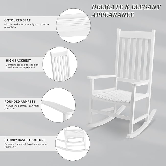 Outvita Outdoor Rocking Chair, Solid Wood High Back Rocker, All Weather Lounge