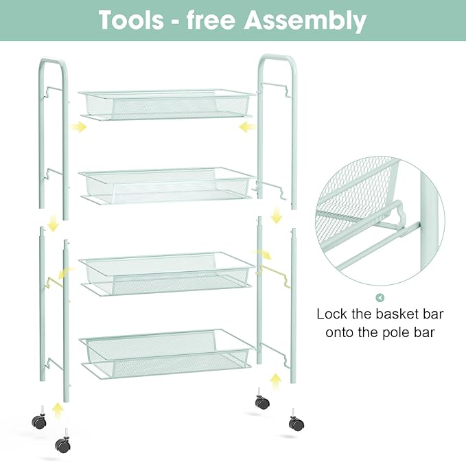TOOLF 4-Tier Rolling Cart, Metal Utility Cart