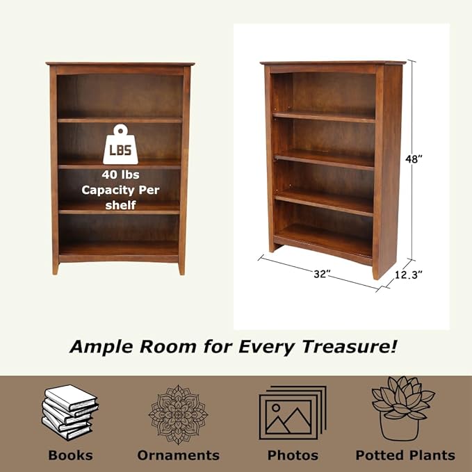 Solid Wood Bookcase 48" High, Adjustable Shelves, Parawood Construction